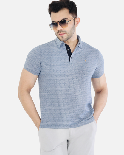 Men's Blue Jacquard Cotton T-Shirt