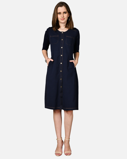 Navy Cotton Stretch Round Neck Dress