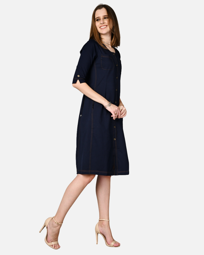 Navy Cotton Stretch Round Neck Dress