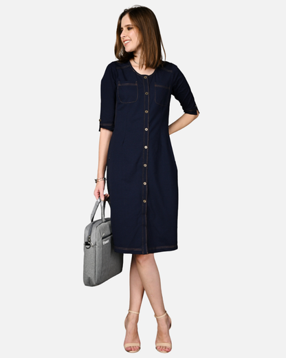 Navy Cotton Stretch Round Neck Dress