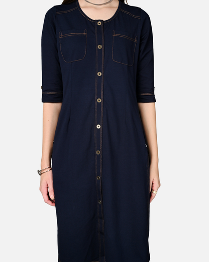 Navy Cotton Stretch Round Neck Dress