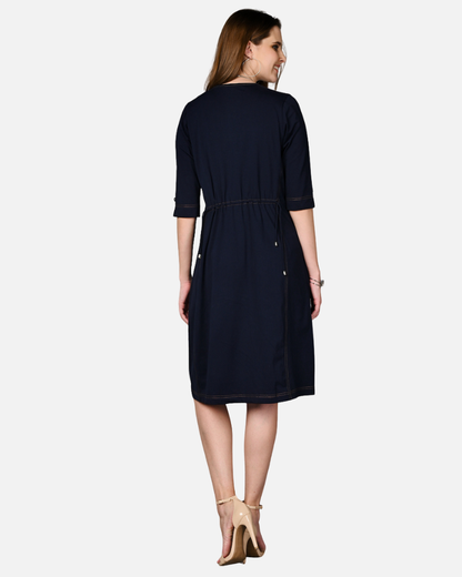 Navy Cotton Stretch Round Neck Dress