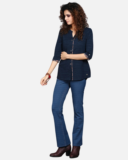 Navy Long Top with Animal Print Highlights