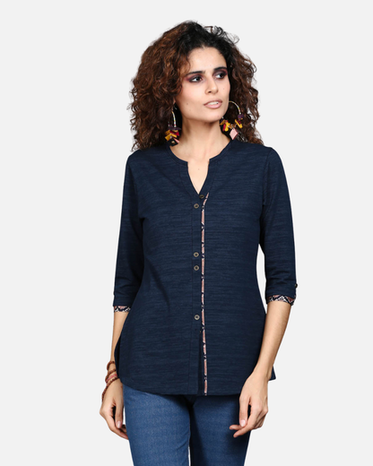 Navy Long Top with Animal Print Highlights