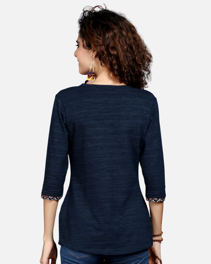 Navy Long Top with Animal Print Highlights