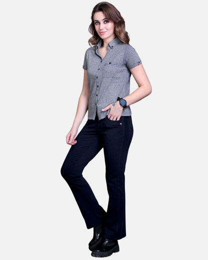 Navy Stretch Pants - Red Thread Detail & Bootleg Fit