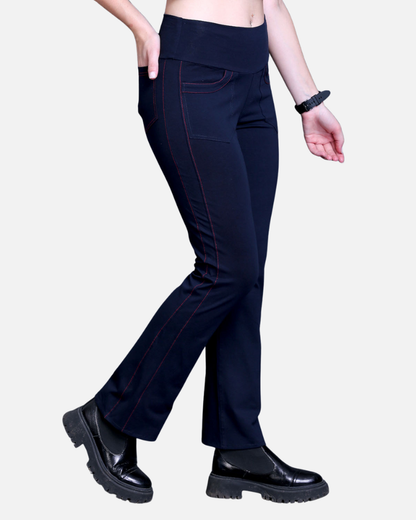 Navy Stretch Pants - Red Thread Detail & Bootleg Fit