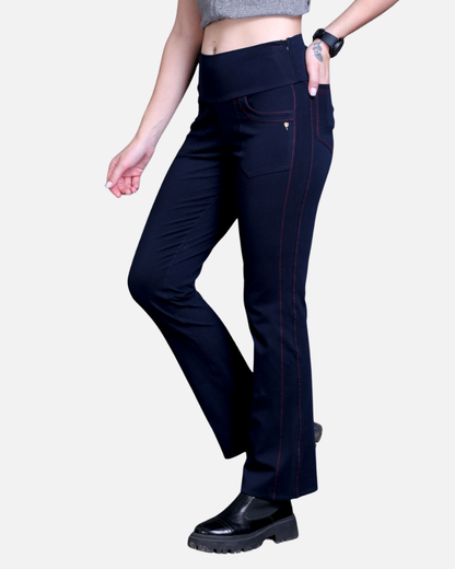 Navy Stretch Pants - Red Thread Detail & Bootleg Fit