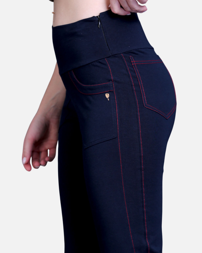 Navy Stretch Pants - Red Thread Detail & Bootleg Fit