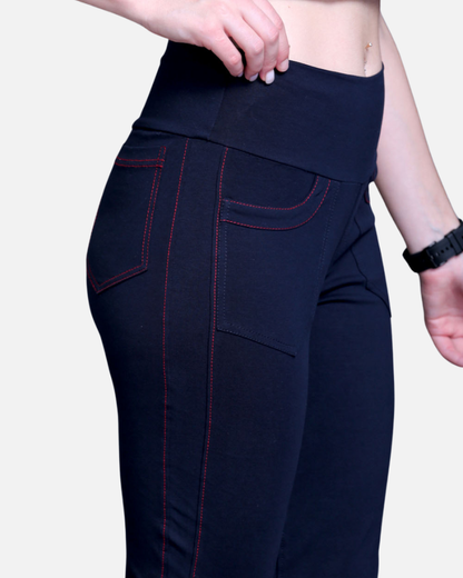 Navy Stretch Pants - Red Thread Detail & Bootleg Fit