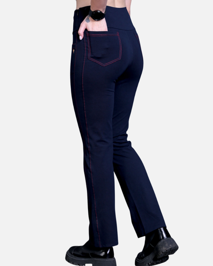 Navy Stretch Pants - Red Thread Detail & Bootleg Fit