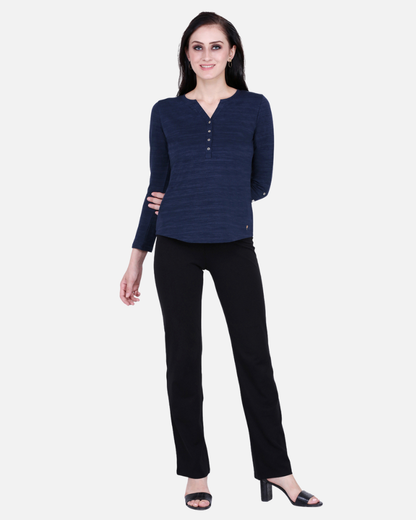 Navy Texture V Neck Stretch Top
