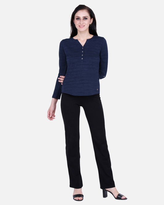 Navy Texture V Neck Stretch Top