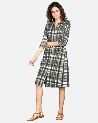 Off White with Olive Grey Checks Cotton Stretch Dress