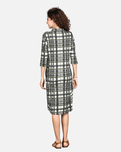 Off White with Olive Grey Checks Cotton Stretch Dress