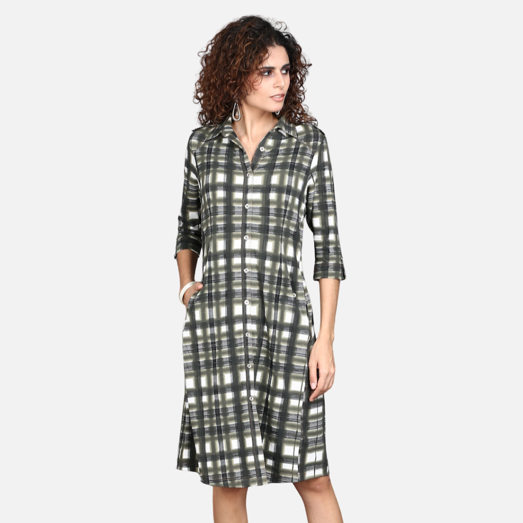 Off White Check Cotton Stretch Dress for Women | Tulip Comfort Wear Off White Check Cotton Stretch Dress for Women | Tulip Comfort Wear