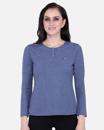 Plain Melange Blue Round Neck Stretch Top