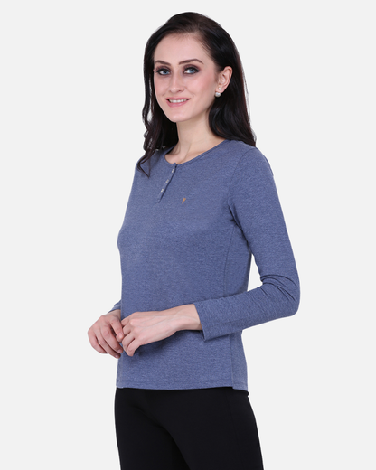 Plain Melange Blue Round Neck Stretch Top
