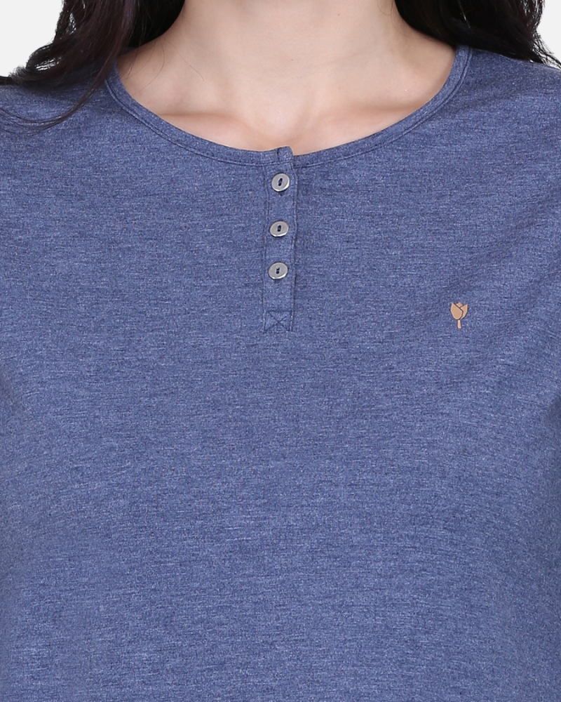 Plain Melange Blue Round Neck Stretch Top