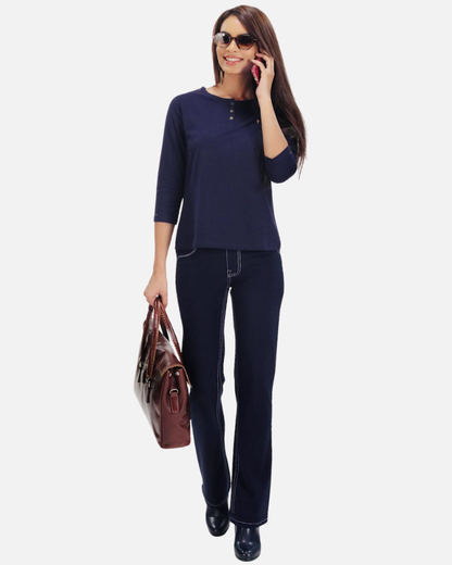 Plain Navy Round Neck Stretch Top