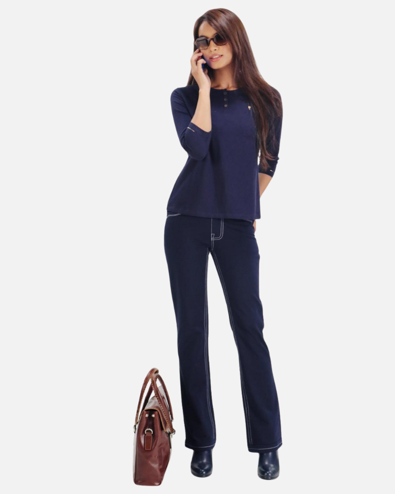 Plain Navy Round Neck Stretch Top