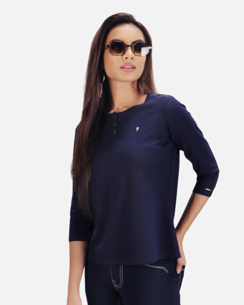 Plain Navy Round Neck Stretch Top