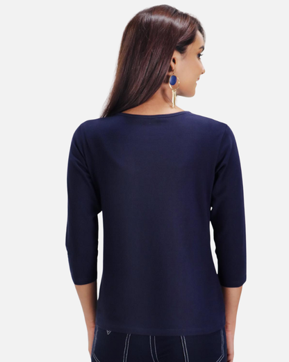 Plain Navy Round Neck Stretch Top