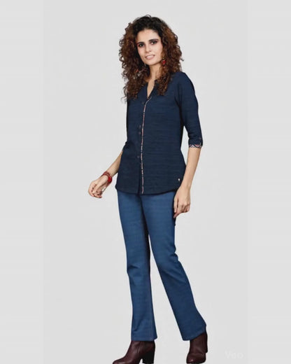 Navy Long Top with Animal Print Highlights