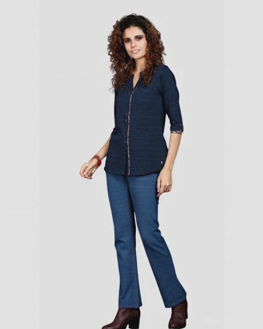 Navy Long Top with Animal Print Highlights