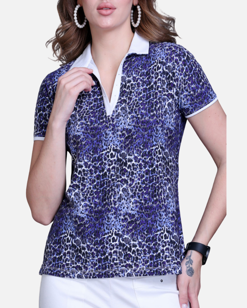 Purple Leopard Print Cotton T-Shirt with Swarovski Collar