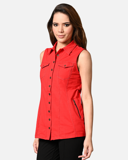 Red Sleeveless Jacket Shirt