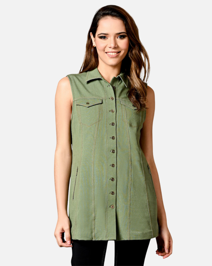Sage Green Sleeveless Jacket Shirt