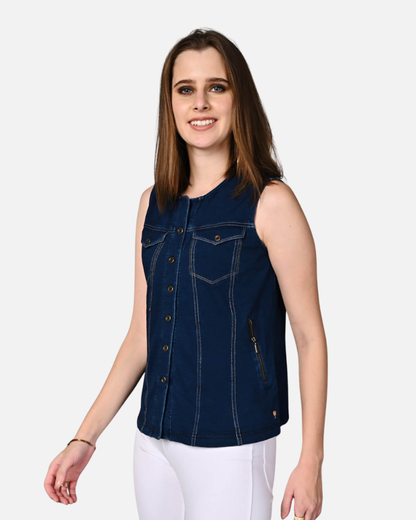 Sleeveless Stretch Indigo Denim Jacket Top