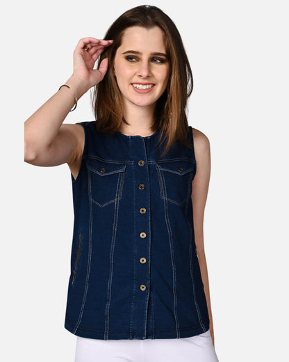 Sleeveless Stretch Indigo Denim Jacket Top