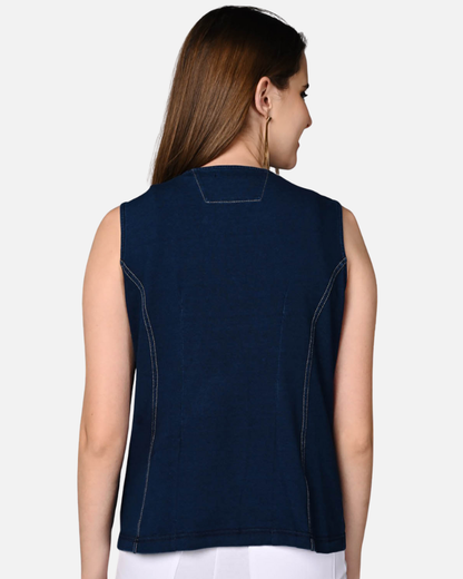 Sleeveless Stretch Indigo Denim Jacket Top