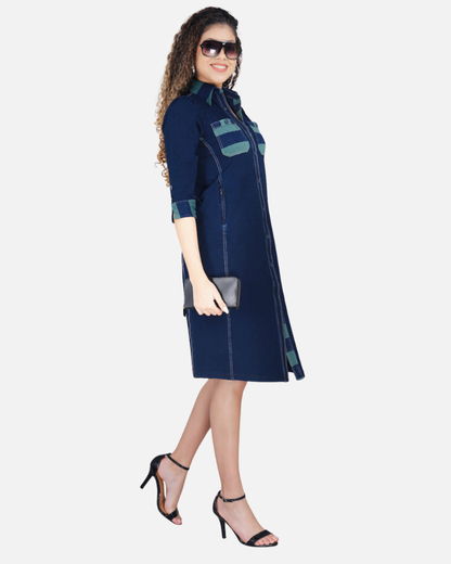 Stretch Denim Dress with Green Stripe Pockets