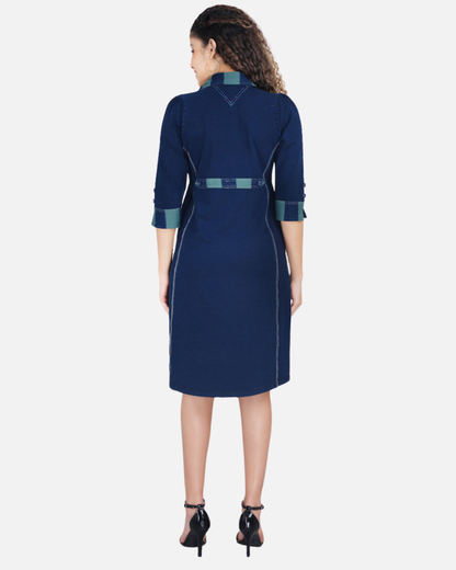 Stretch Denim Dress with Green Stripe Pockets