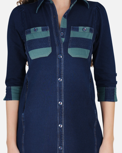 Stretch Denim Dress with Green Stripe Pockets