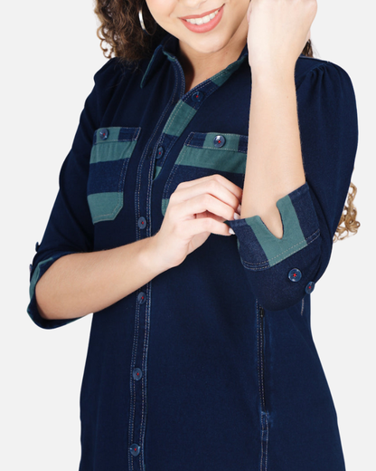 Stretch Denim Dress with Green Stripe Pockets