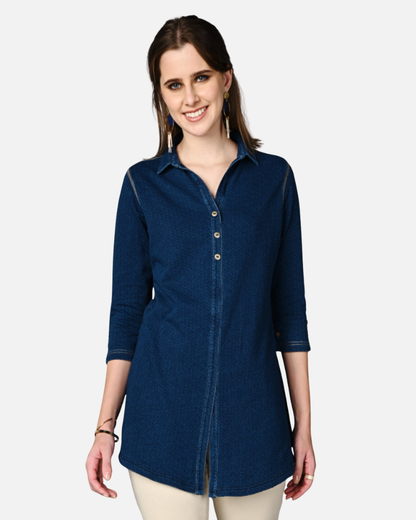 Stretch Indigo Denim Jacquard Long Shirt