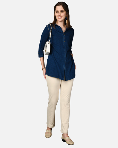 Stretch Indigo Denim Jacquard Long Shirt