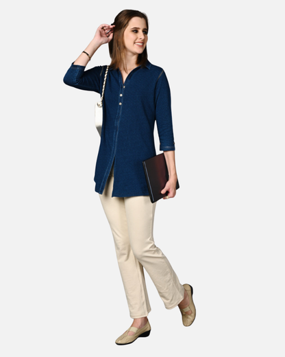 Stretch Indigo Denim Jacquard Long Shirt
