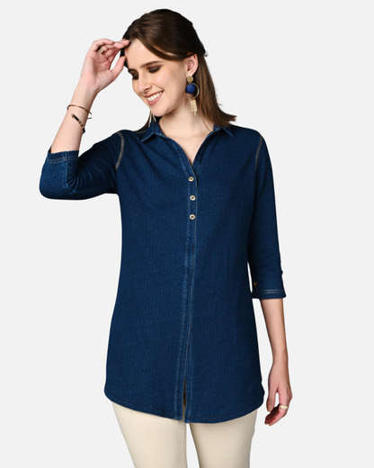 Stretch Indigo Denim Jacquard Long Shirt