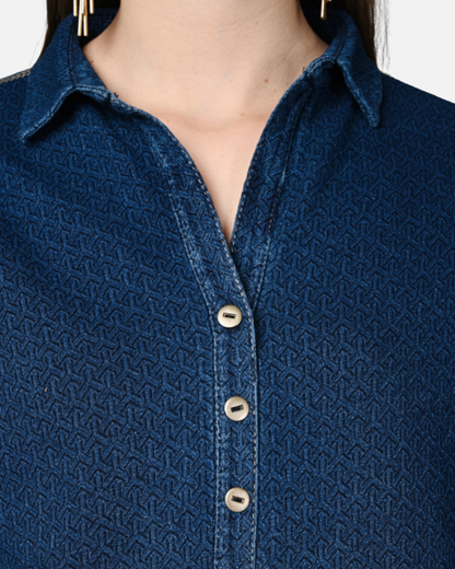 Stretch Indigo Denim Jacquard Long Shirt