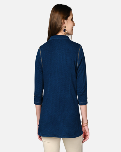 Stretch Indigo Denim Jacquard Long Shirt