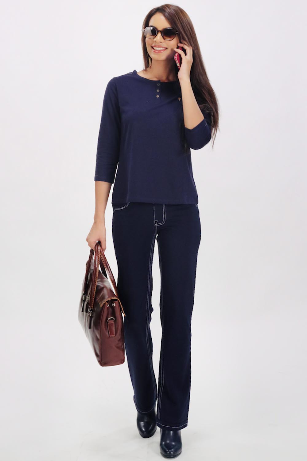 Plain Navy Round Neck Stretch Top