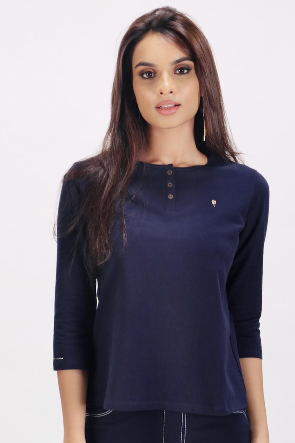 Plain Navy Round Neck Stretch Top