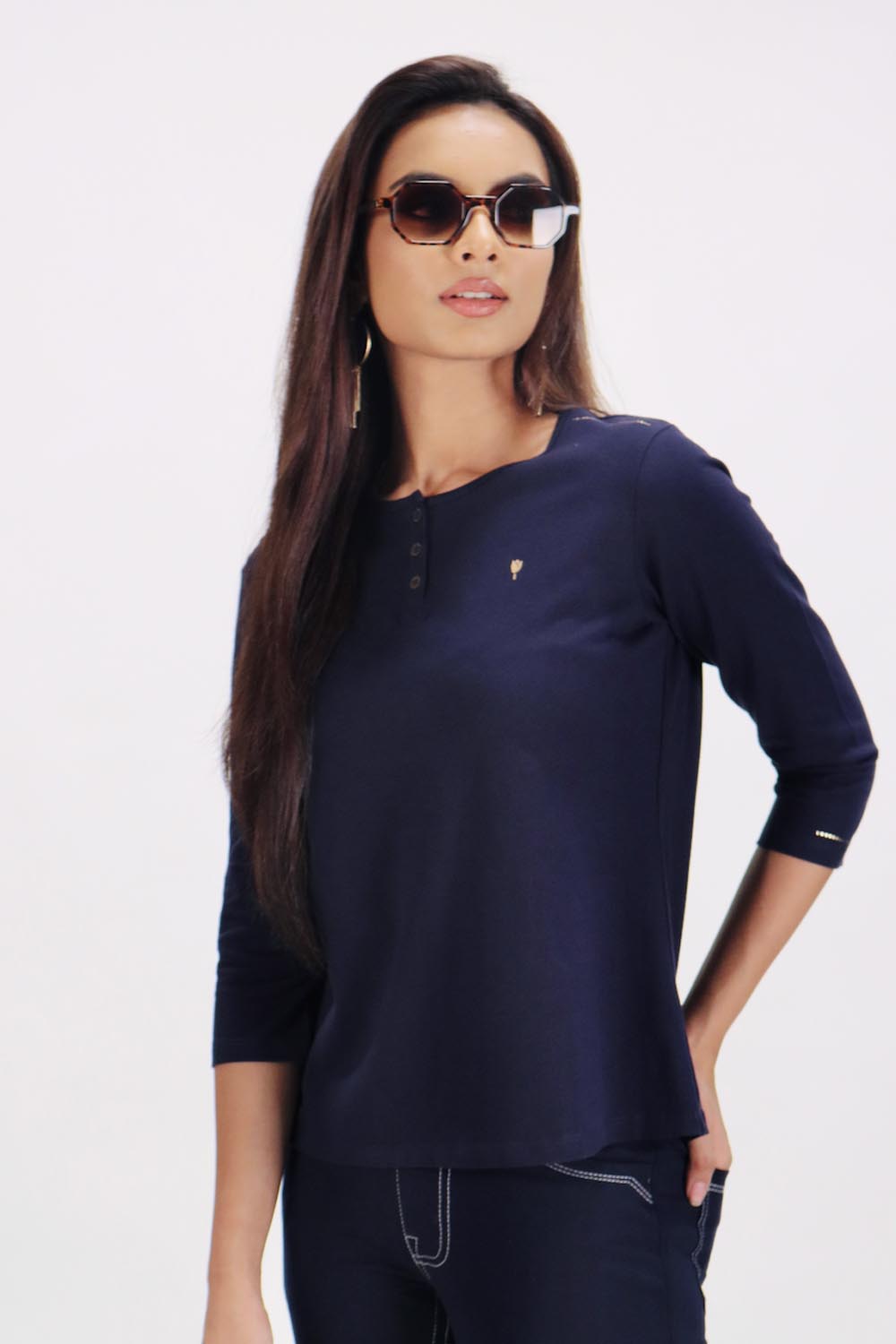 Plain Navy Round Neck Stretch Top