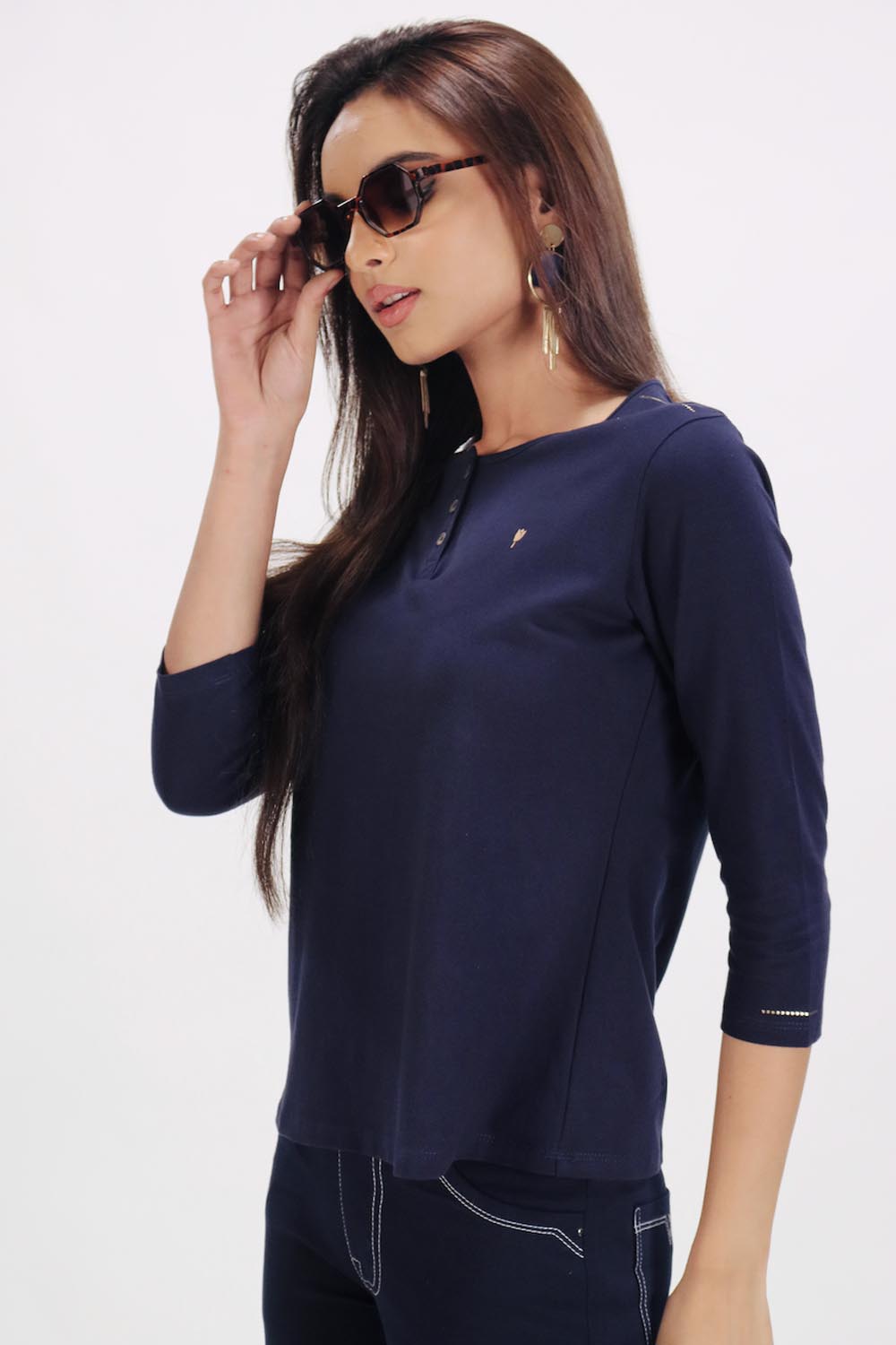 Plain Navy Round Neck Stretch Top