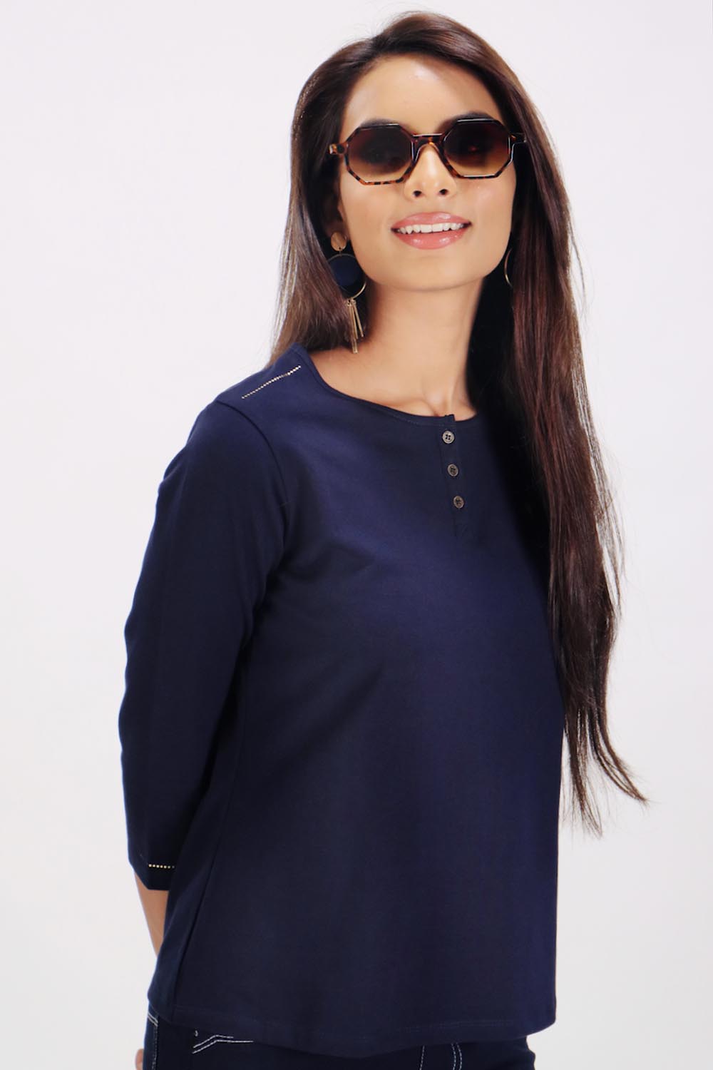 Plain Navy Round Neck Stretch Top